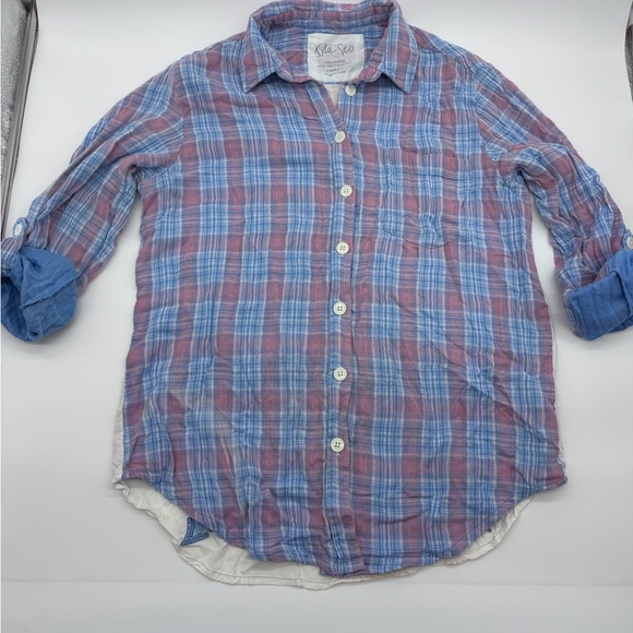 Kyla Seo for Anthropologie Blue/Pink Plaid, Embroidered, Roll Tab Sleeves, Med - Picture 3 of 12